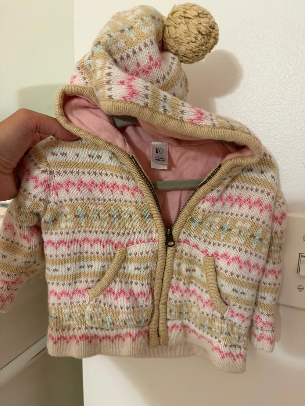 GAP Hooded Fair Isle Zip Sweater - Pink, Cream & Tan baby